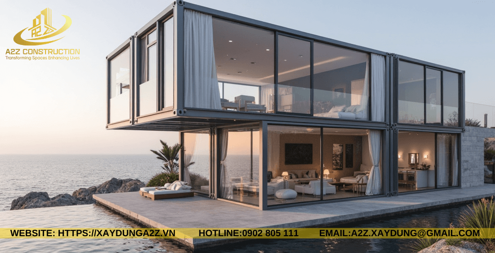 Nhà container lắp ghép 3 tầng 90m2 AZC11 làm khách sạn