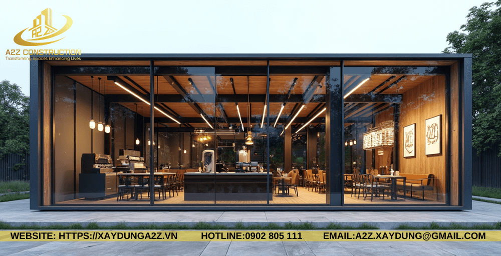 Ứng dụng của nhà lắp ghép khung thép 1 tầng 45m2 vách kính làm quán cà phê AZT04