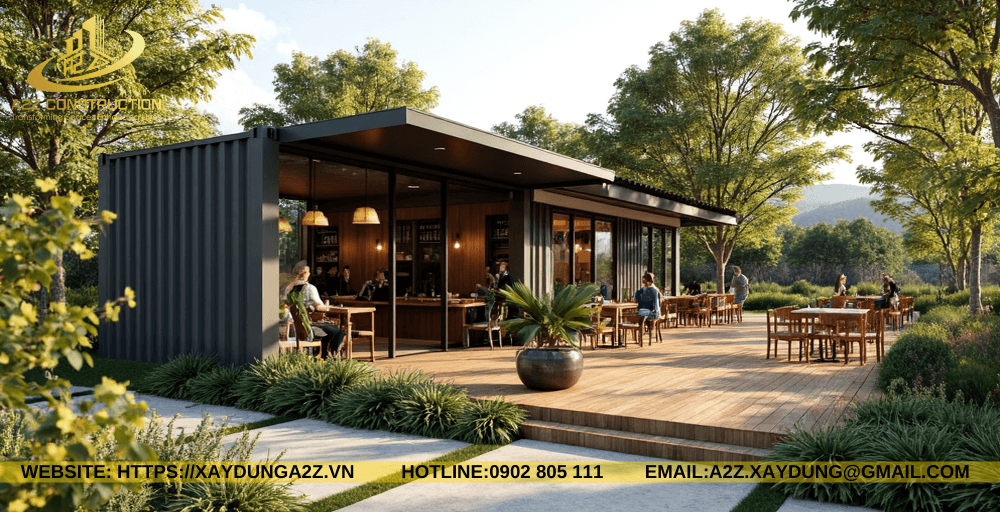 Mẫu nhà Module container AZM03 60m2 làm cà phê sân vườn