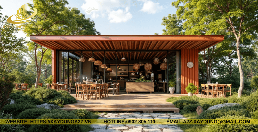 Mẫu nhà Module container AZM03 60m2 làm cà phê sân vườn